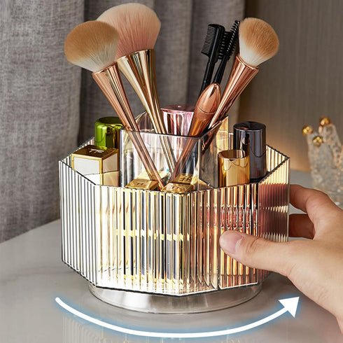 LINFIDITE 360°Rotating Makeup Brush Holder, Clear Cosmetic Display Case with 5 Slots for Vanity, Pink