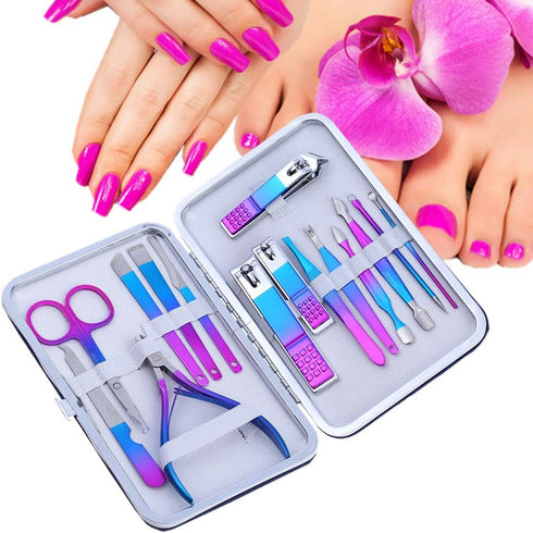 Manicure Set, Professional Nail Clippers Kit, Pedicure Care Tools, 15PC Stainless Steel with Blue Travel Case