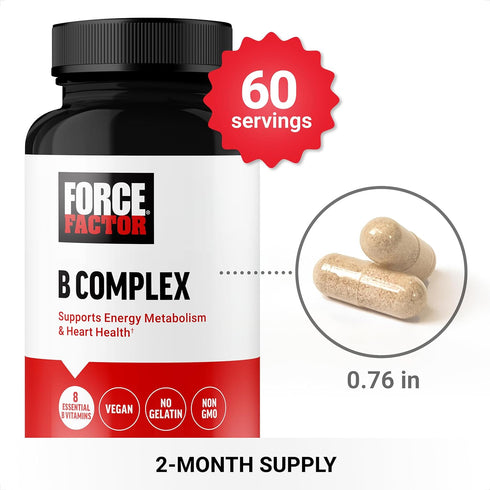 FORCE FACTOR Vitamin B Complex, 60 Vegetable Capsules for Energy, Vitality, Heart Health, Includes B1, B2, B3, B6, B12,