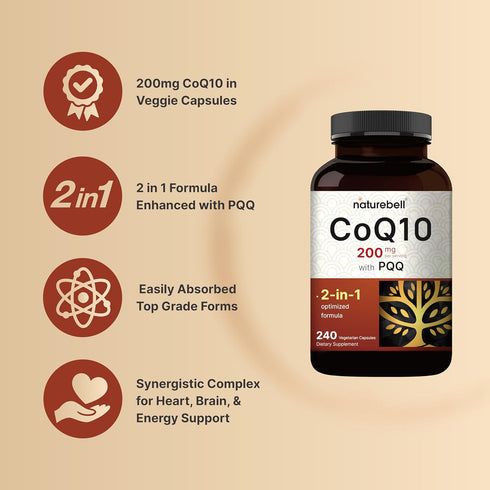 NatureBell CoQ10 (Ubiquinone) 200mg with PQQ | 240 Veggie Capsules | Antioxidant Support for Brain, Heart & Energy