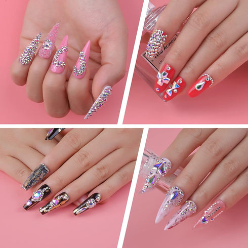 HUETFAT Nail Art Rhinestones Kit 2400pcs Flatback Gems Stones with Storage Organizer Box, Wax Pencil, Tweezers, 6 Sizes