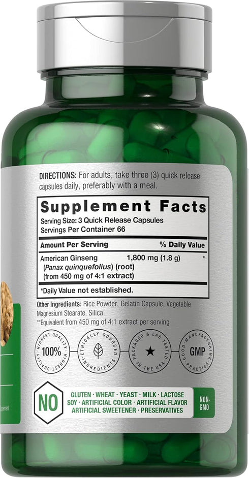 Horbaeach American Ginseng Capsules | 1800 mg | 200 Count | Non-GMO, Gluten Free Supplement | Ginseng Root Extract Complex