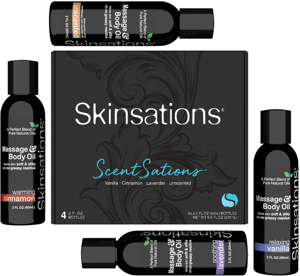 Skinsations Massage Oil Gift Set Variety Set for Couples, Travel Size (4