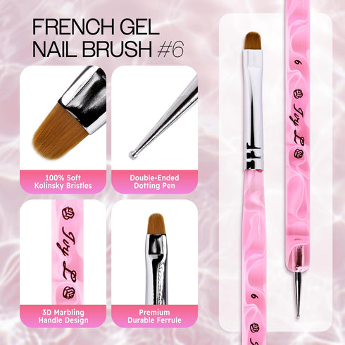 Ivy L Premium 2 Way French Gel Acrylic Nail Art Kolinsky Brush with Dotting Tool, Size #6, Pink Marble