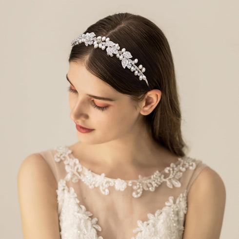 Wedding Headband with Pearls and Crystals, Rhinestone Tiara Headpiece Bridal Hair Accessories for Women (Silver)