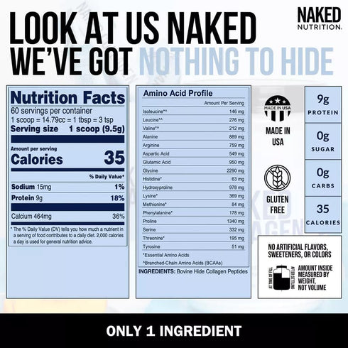 Naked Collagen Peptides Protein Powder, 60 Servings, Grass-Fed Hydrolyzed Collagen, 20oz