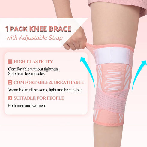 Knee Brace for Women & Men Knee Support Sleeve 1 Pack Knee Compression Sleeve with Strap for Knee Joint Pain Relief, Arthritis, Meniscus Tear, ACL, Workout, Sports, Running (Pink, X-Large)