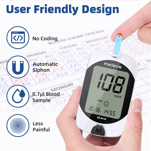 Metene TD-4116 Blood Glucose Test Strips - 300 Count for Diabetes, Use with Metene TD-4116 Blood Glucose Monitor Only