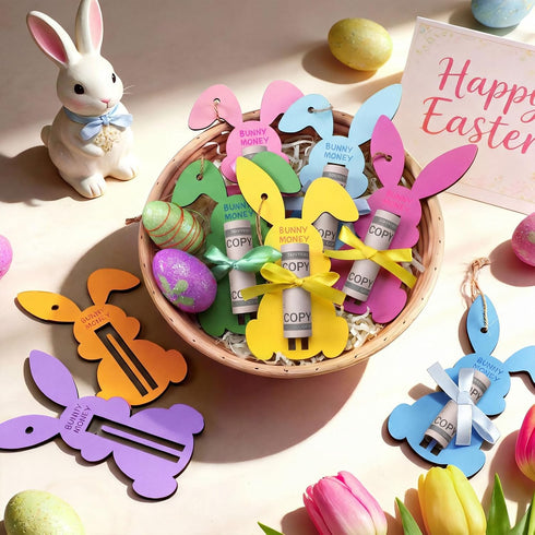 MotiMind 12 Set 12 Easter Bunny Money Holder for Cash Gift with Ribbons Easter Gift Card Holder Basket Tag Basket