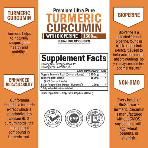 Turmeric Curcumin with Black Pepper Extract 1500mg - High Absorption Ultra Potent Supplement with 95% Curcuminoids - 45