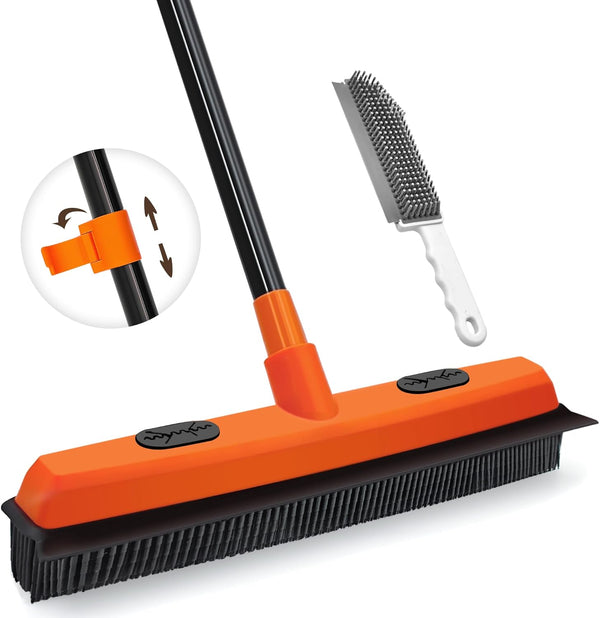 JEHONN Rubber Broom, Carpet Rake for Pet Hair Remover with Squeegee, 52.8 Inches Telescopic Long Handle