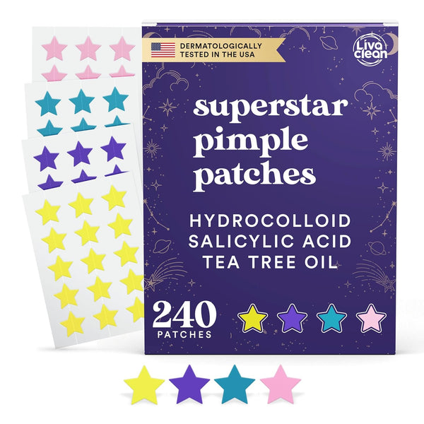 LivaClean 240 CT Superstar Patches, Pimple Patches with Salicylic Acid & Tea Tree, Cute Hydrocolloid Acne Stickers