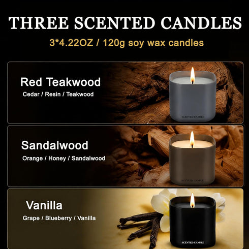 Set 3 Pack Men's Scented Candle Gift - Natural Soy Candles for Men,Teakwood, Sandalwood & Vanilla - Masculine