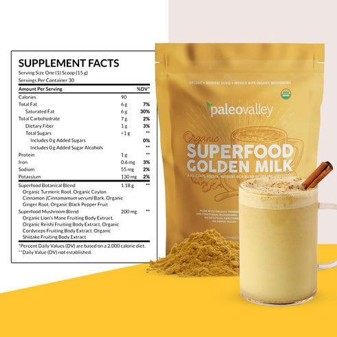 Immune, 30 Paleovalley Organic Superfood Golden Milk - Focus, Cognitive, Longevity - Turmeric, MCT-Rich Coconut Milk