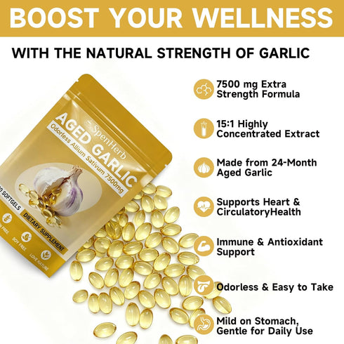 SpenHerb 7500mg Immune 300 Softgels,1 Aged Garlic Extract Softgels, Odorless Allium Sativum Antioxidant Supplement