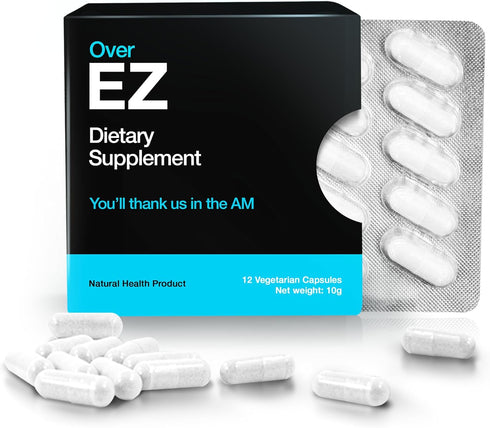 OVER EZ Pre-Drink Supplement - Party Recovery & Prevention Pills (12 Capsules) with Milk Thistle, Amino Acids, Vitamin