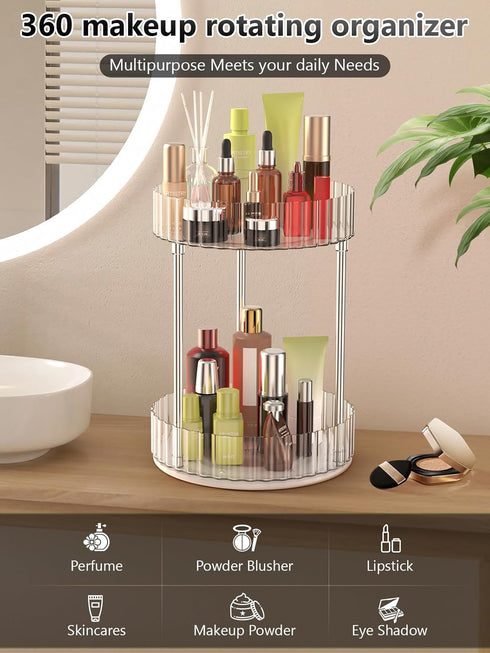 WNYT 2 Tiers Rotating Makeup Organizer, 360° Acrylic Storage for Vanity Countertop, Dresser Bathroom Organizers
