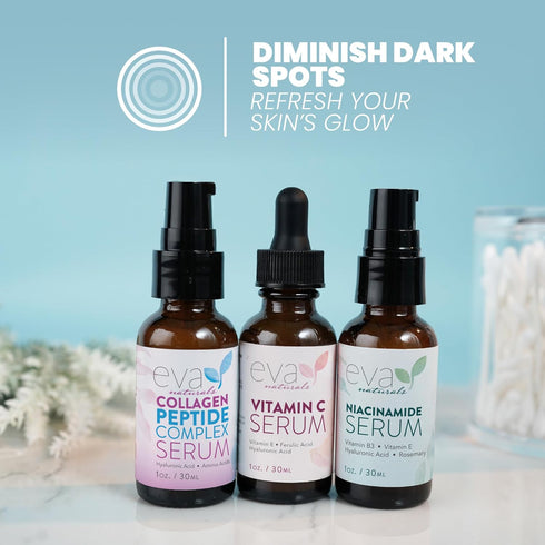 Natural Firm & Glow Skincare Set of 3 Serums – 20% Vitamin C, Peptide Complex, Niacinamide Vitamin B3 Serum by Eva