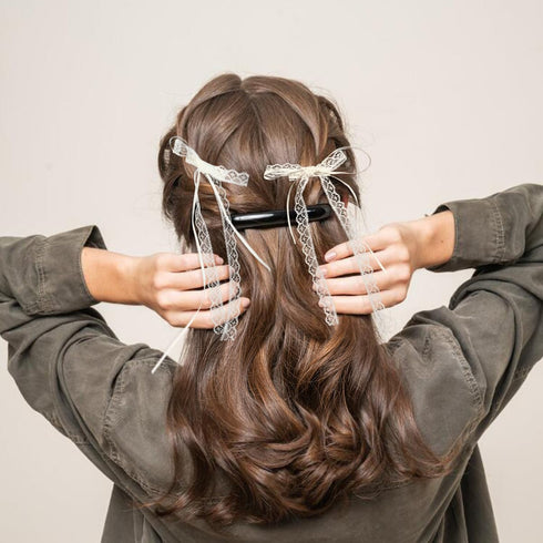 Lace Hair Bow with Long Tail Coquette Bows - Elegant White Ribbon Hair Accessory for Women (A Pair)