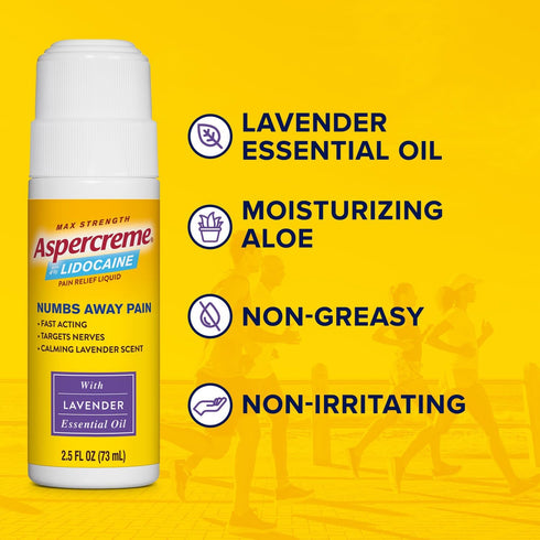 Aspercreme Essential Oils Lidocaine Pain Relief Roll-On, Max-Strength Numbs Nerve Pain, Lavender, 2.5 Oz.