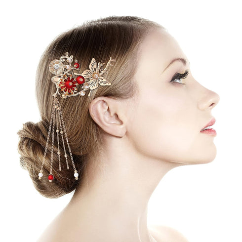 Lurrose Japanese Hairpins, Butterfly Tassel Kimono Kanzashi Bobby Pins Hair Clip Accessory for Traditional Kimono