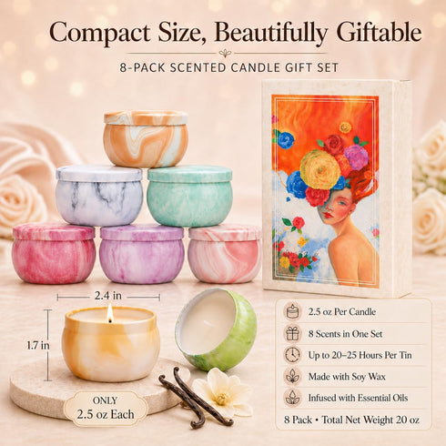 Set 8 Pack Scented Candles Gift for Women, Fruity Floral Soy Wax Aromatherapy Candles, Travel Tin Candles in Artist