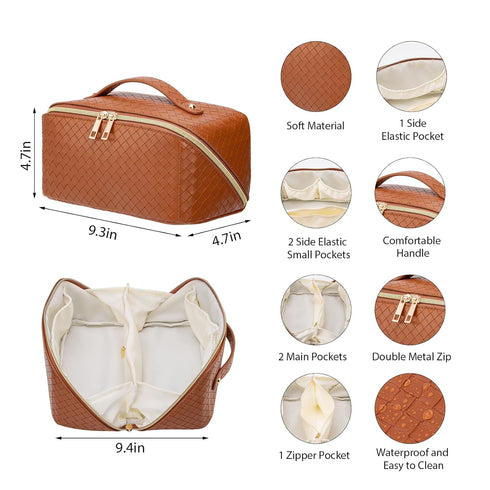 Large Capacity Travel Cosmetic Bag, Toiletry Bag, Women Portable Makeup Bag Opens Flat for Easy Access, PU Leather Waterproof Travel Cosmetic Bag with Handle and Divider