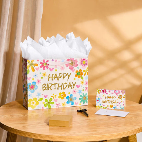 SUNCOLOR 13" Large Birthday Gift Bags with Tissue Paper and Card, Flowers Design
