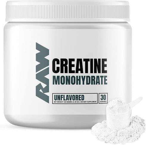 RAW Nutrition Creatine Monohydrate Powder - Unflavored (30 Servings) for Workout Performance, Muscle & Strength Building