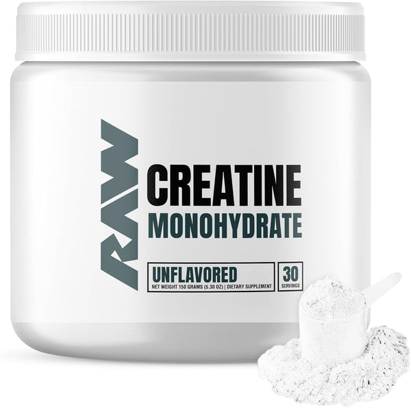 RAW Nutrition Creatine Monohydrate Powder - Unflavored (30 Servings) for Workout Performance, Muscle & Strength Building