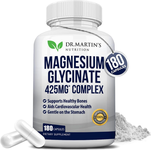 Premium Magnesium Glycinate 425mg - 180 Vegan Capsules for Stress Relief, Sleep, Muscle Cramps & Healthy Heart