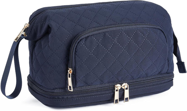 Telena Large Capacity Makeup Bag - Double Layer Portable Travel Cosmetic Bags for Women - Navy Blue
