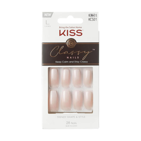 KISS Classy Press On Nails, Nail Glue Included, 'Be-you-tiful', Beige, Long Size, Coffin Shape, 28 Nails