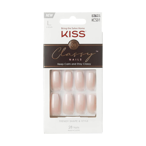 KISS Classy Press On Nails, Nail Glue Included, 'Be-you-tiful', Beige, Long Size, Coffin Shape, 28 Nails