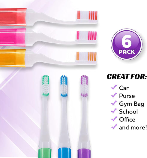 Lingito Mini Travel Toothbrushes, Firm with Cover, Portable Toothbrush Case, Adults Travel Toothbrush Kit (6 Pack)