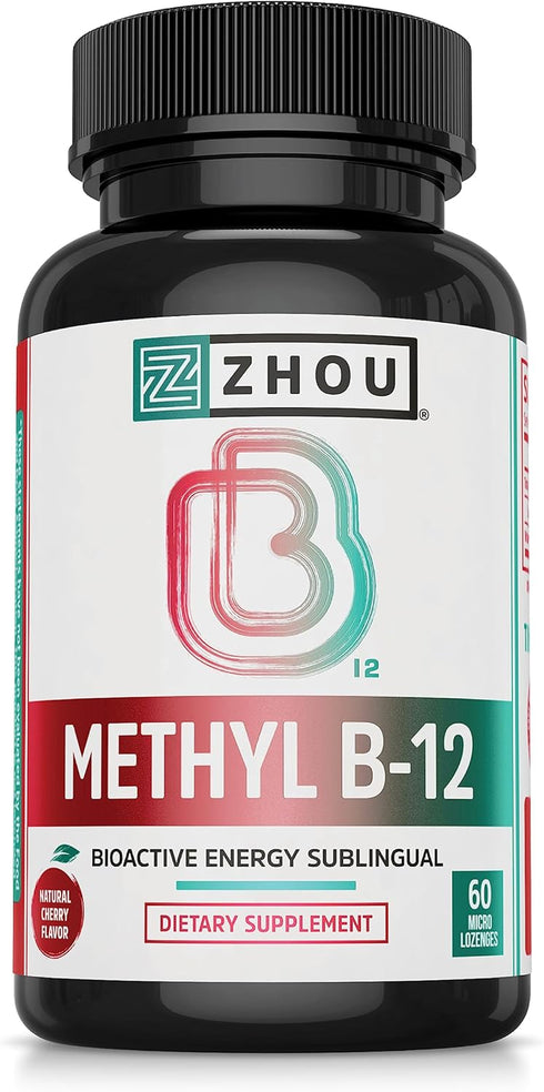 Zhou Nutrition Methyl (Vitamin B12) Lozenges, 5000 mcg for Maximum Absorption and Active Energy, Vegan, Cherry, 60 Count