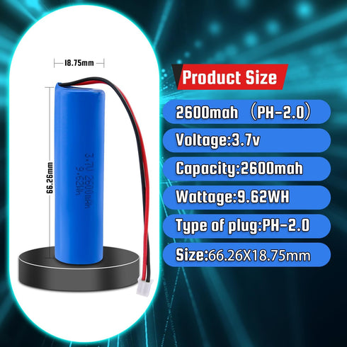 3.7V 2600mAh Rechargeable Batteries Lithium ion Battery with PH2.0/2P Connector for DIY Electronics Products, Toys, Lighting, Bluetooth Equipment