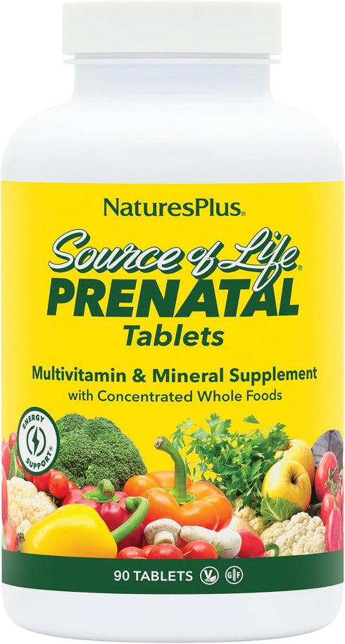 Natures Plus Source of Life Prenatal, 800 mcg Folate, 90 Vegetarian Tablets, Gluten-Free