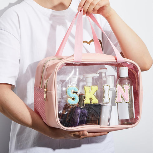 Chenille Letter Bag, Nylon Makeup Bag, Portable Zipper Cosmetic Toiletry Storage Bag for Women Girls, Pink