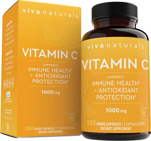 Viva Naturals Vitamin C 1000mg, Non-GMO Supplements with Citrus Bioflavonoids & Rose HIPS for Immune Support