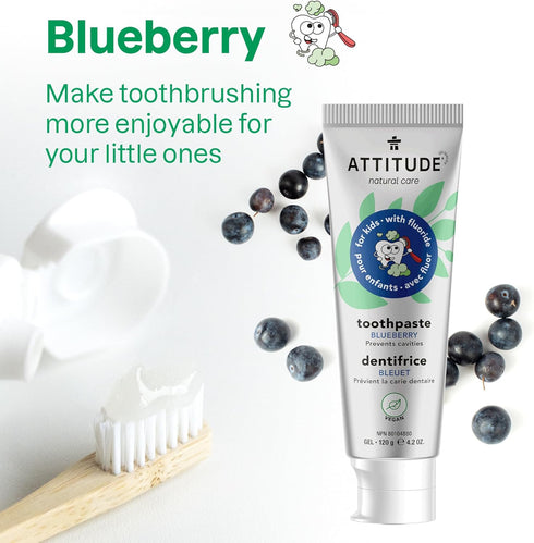 ATTITUDE Toothpaste with Fluoride, Vegan, Cruelty-Free, Sugar-Free, Prevents Tooth Decay, Blueberry, 4.2 Oz