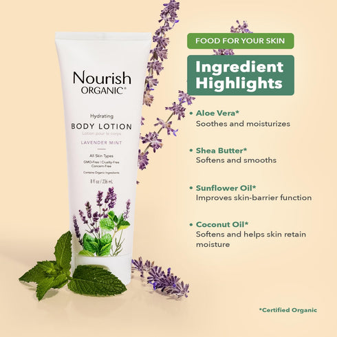 Nourish Organic Body Lotion, Lavender Mint, Hydrating for Dry Skin, 8 Oz + Washable Cotton Round