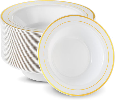 Munfix 50 Gold Plastic Bowls Set, 12oz Disposable Soup Bowls, Heavy Duty Elegant Dinner Bowls
