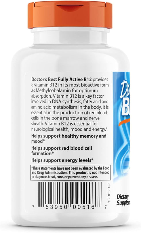 Doctor's Best Fully Active B12, 1500 Mcg, 180 Count, Supports Energy, Mood, Circulation, Non-GMO, Vegan, Gluten Free