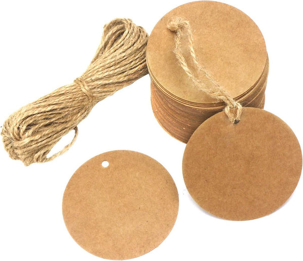Segarty 200 PCS Circle Tags, Brown Craft Gift Tags with 100 Feet Jute Twine, Round Thick Kraft Paper Blank Hang Tags