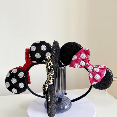 Mouse Ears Headbands for Women, Shiny Bows for Birthday Themed Events, Party Accessories (Red Bow, One Size)