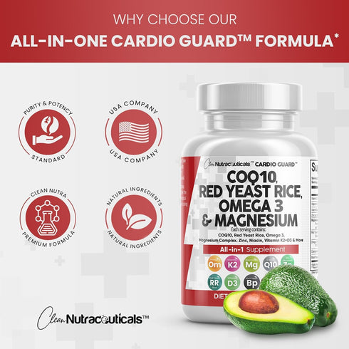 COQ10 200mg, Red Yeast Rice 3000mg, Omega 3 3000mg - Heart Health Support Vitamins for Women and Men, 60 Ct