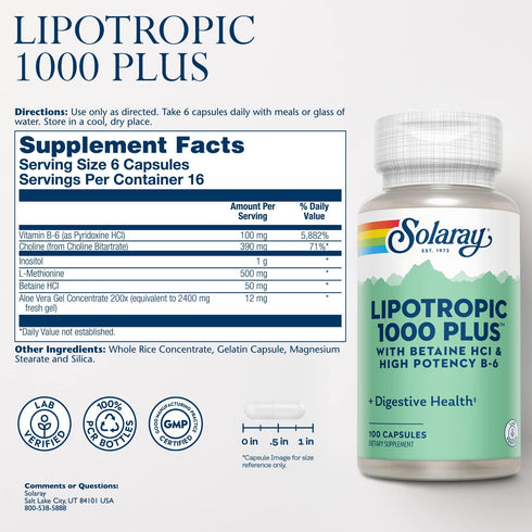 Lipotropic 1000 Plus Vitamin Capsules, SOLARAY, 100 Count