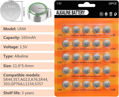 kunying AG13 LR44 (25-Pack) 1.5V LR44 |AG13/A76/357/L1154F/SR44 Batteries - Long-Lasting Alkaline Battery for Watches