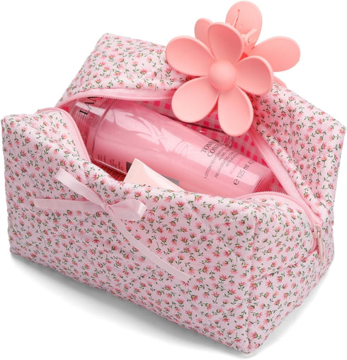 Quilted Makeup Bag, Floral Cosmetic Bag, Cute Handmade Aesthetic Pink Toiletry Bag for Women, Flower Coquette
